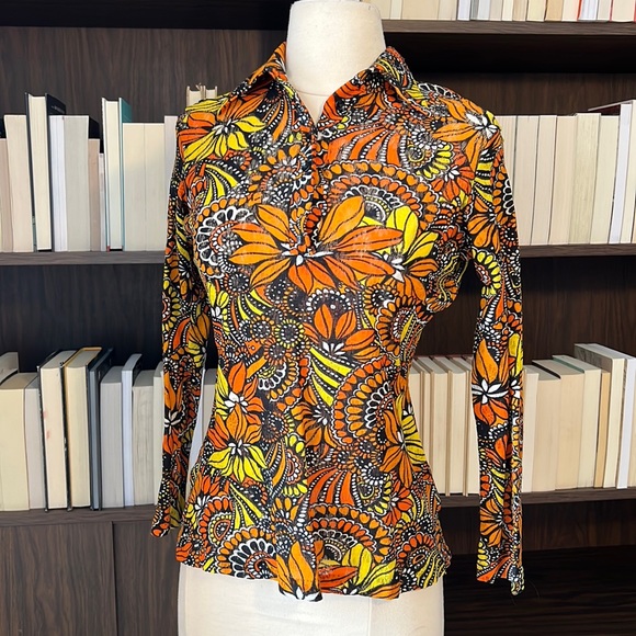 Vintage Alice Stuart Mesh 70s Floral Print Blouse - Picture 1 of 9